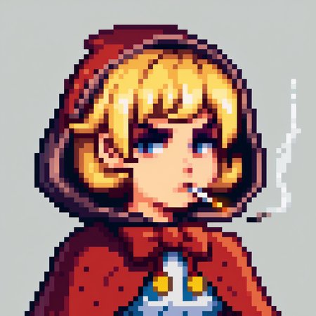 score_9, score_8_up, score_7_up, source_anime, BREAK, solo, 1girl, looking at viewer, <lora:Stardew-Valley-Portraits-pdxl_Fp:1>, portrait, simple background, pixel art, white background, <lora:BBHood-pdxl_Fp:0.8>, bbhood, short hair, blonde hair, blue eyes, hood, capelet, red dress, bow, white apron, pom pom \(clothes\), annoyed, from side, cigarette,
