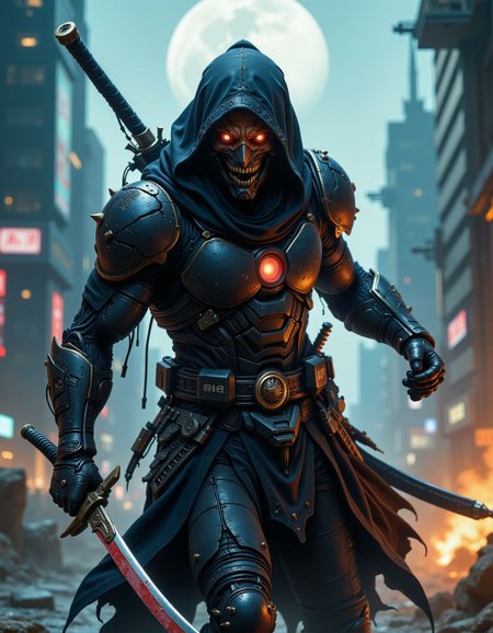 realistic action scene of a humanoid ninja with battle scars, wearing tech armor, fierce look, katanas with blood on it, <lora:ck-FantasticalCreatures:0.8>,  <lora:artilands:0.6>, in an scifi urban warzone, moon in background