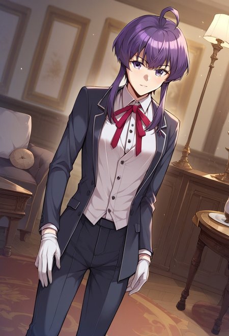 score_9,score_8_up,score_7_up,score_6_up,blurry, blurry background,1girl,kania,solo,short hair with long locks,purple hair,ahoge,butler,white shirt,collared shirt,neck ribbon,white gloves,suit,pants,shoes,upper body,volumetric light,indoors,living room,cowboy shot, dutch angle