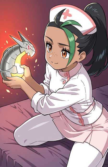 1girl, solo, <lora:Daikin:1> dkn, 
nemona \(pokemon\),  dark skin, streaked hair, nurse, nurse outfit, white cardigan, pink blouse, pink skirt, white pantyhose, (medium shot), crafting enchanted armor, detailed face, located in a magical scene at a mystical giant's fortress during dawn with clear weather, illuminated by glowing embers, creating a magical,enchanting atmosphere, extremely detailed, highres, masterpiece, best quality