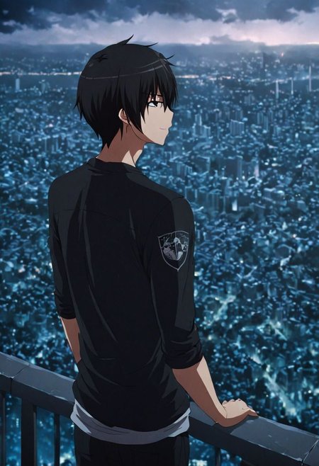 high resolution, solo, best quality, 1Boy, Kanie Seiya, Black Hair, high-rise, top of building, landscape, depth of field, OverallDetail