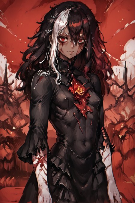 score_9, score_8_up, score_7_up, score_6_up, score_5_up, source anime, ((dark skin)), <lora:gl1tchm4ng4XLP:0.6> , (gl1tchm4ng4), looking at viewer, realistic background, asymmetrical room, night, outdoors, cliffs, mountains, standing,  (cowboy shot), evil smile, (solo), multicolored hair, red hair, white hair, messy hair, wild hair, long hair, hair over eyes, red eye,   bloodstained hair, scar, burn scars, burned face, bloodstained dress, injured, wounded, bloody, (horror), zombie, corpses, grimdark,  <lora:f3nn3rXLP:0.9> , f3nn3r, red, (trippy),  <lora:h3ll1shXLP:0.9> , h3ll1sh, small breasts,  <lora:LFashionPDXL:0.8> , zzLFashion, black frilled dress, frills, bow, black dress, pantyhose,