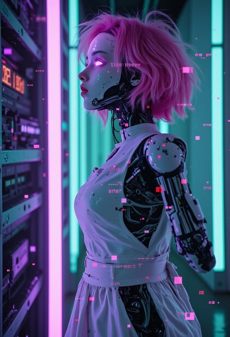 Eerie head Closeup, Upper Body Closeup Portrait, A bleaked atmospheric Photo gl!tchChan with neon purple glitches, a White robot Portrait of a exoskeleton girl with pink bangs hair and eyes, torn Maid Outfit, neon-mist, futuristic cyborg body with exposed wires, cables and mechanical parts, cinematic Angle,  desolate weathered and overgrown with wet moss, Large White and turquoise Art nouveau tiles, datamosh ASCII glitches forming Text messages, system error, time ist ticking, Server rooms, cables Connection to her Back, Docking Station