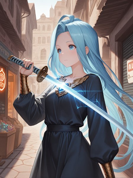 masterpiece, best quality, amazing quality, very aesthetic, absurdres, newest,
<lora:ILGFLyria:1.0>
GFLyria, 1girl, blue hair, blue eyes, long hair, jewel, Holding a katana in a shadowy alley, her determined expression illuminated by the flickering neon signs of a small-town shopping district.