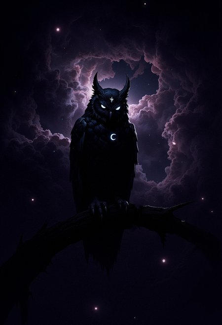 A dark owl with glowing, white-blue eyes perched against a black background. The owl's feathers are entirely deep black with a matte texture, reflecting no light. A small crescent moon symbol is visible on its forehead, glowing faintly with the same white-blue hue as its eyes. The owl is in a still, upright position, its sharp talons gripping an unseen perch in the darkness. A swirling nebula of dark purple and blue hues with distant stars scattered faintly in the background. The nebula appears like wisps of smoke, creating a sense of vast space and depth. Small glowing orbs of light, resembling distant planets or stars, add depth to the composition. The overall atmosphere is cosmic and mysterious, with a soft ethereal glow illuminating the surroundings.    <lora:FluxMythP0rtr4itStyle:0.53> MythP0rt, <lora:dark_fantasy_flux:0.83> <lora:FredFraiStyle-FLUX-Share:0.63> <lora:sxz-Dark-Fantasy-v2-Flux:0.33> drkfnts style, <lora:flux.1_lora_flyway_Epic-Characters_v1:0.43>