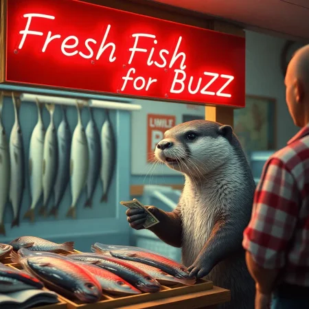 otter selling fish at a shop, fresh fish displayed on the shop, the shop's signboard in neon says 'Fresh Fish for Buzz', 1950s ambiance, technicolor, otter receiving money from customer, ultrarealistic photograph
