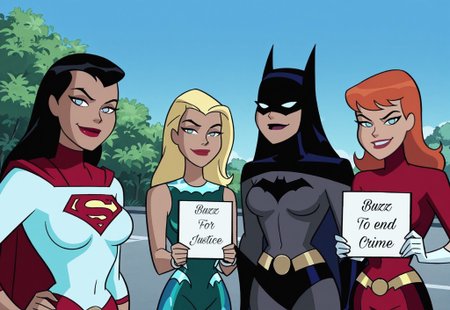 masterpiece, best quality, amazing quality, dcaustyle, (4girls), justice league, outdoors, looking at viewer, smile, smug,  ((rule 63, feminization)), ((female Superman, Superman from dc , black hair)), ((female batman, batman from dc)), ((female flash, flash from dc, orange hair, logo)), ((female aquaman, Aquaman from dc, blonde hair))
