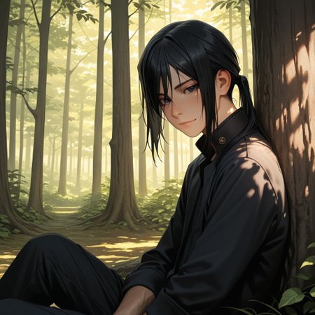 masterpiece, best quality, amazing quality, absurdres, newest, detailed background, definition so sharp, Ultra-HD, 8K cinematic, very awa, impressionate, amazing quality, highres, 
solo, male focus, manly, 
kurohyatogami, kuroh_black hair, kuroh_black eyes, 1boy, low tied hair, long hair, 
looking at viewer, soft smile, sitting, leaning against a tree, forest, dappled sunlight, peaceful, calm, warm, caring, cool, relaxed