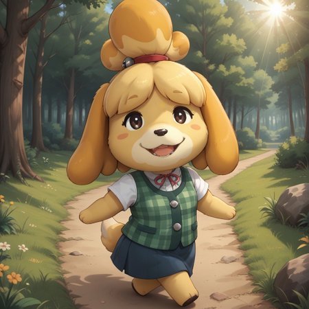 score_9, score_8, BREAK, solo, Isabelle_The_Dog_(Animal_Crossing), blonde hair, animal ears, furry, anthro female, furry female, dog girl, animal nose, topknot, skirt, office outfit, short sleeves, yellow skin, yellow skin female, self portrait, smile, looking at viewer, outdoors, sunlight, shadows, evening lighting, natural lighting, forest, trees, grass, orange sky, sunset