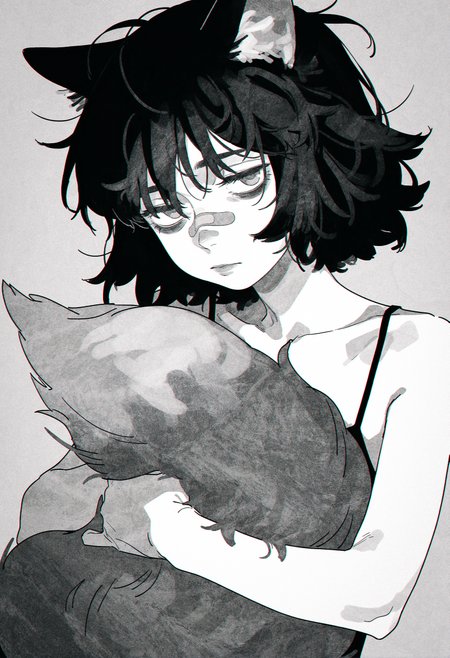 (by akai sashimi:1.25), by molu stranger,  limited palette, greyscale, monochrome, sketch,
masterpiece, best quality, amazing quality, very aesthetic, 
black hair, short hair, messy hair, bandaid on nose,  nose, lips, small breasts,
1girl, fox girl, fox ears, fox tail, hugging own tail, head tilt, depressed, bags under eyes, bored,
<lora:nhl-001-20:0.9> nhl-001