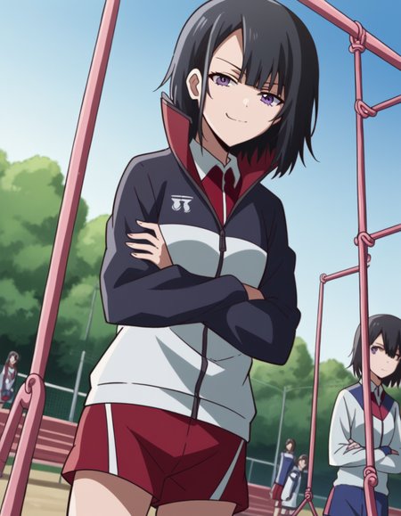 score_9, score_8_up, score_7_up, source_anime, <lora:yuika-shiwahime-s1-ponyxl-lora-nochekaiser:1>, yuika shiwahime, short hair, black hair, purple eyes,, shirt, jacket, necktie, shorts, sleeves past wrists, track jacket,, public park, playground, swing set, laughter, sunny day, , looking at viewer, crossed arms, smug, solo,, dutch angle, cowboy shot