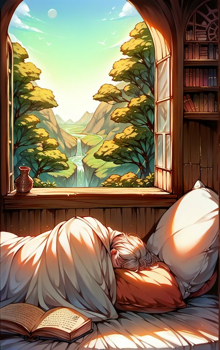score_9,score_8_up,score_7_up,score_6_up,score_5_up,score_4_up ,<lora:aesthetic_witchy:0.3>,witchyaesthetic,realistic,blurry background, day,indoors,tree,pillow,book,no humans,window,traditional media,sunlight,plant,scenery,fantasy,blanket <lora:Marushin-Style-PonyXL:0.8>, by marushin