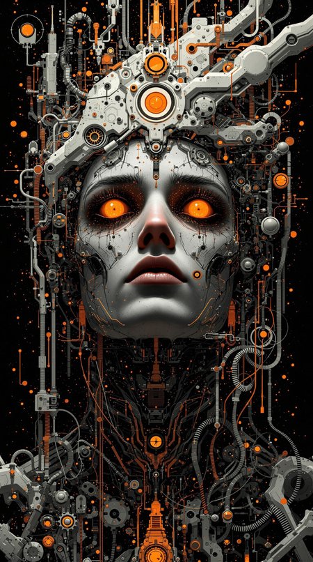 artistic, surreal, man, synthetic mechanic, complexity with details, eye detailing, deep gaze, limited colors are deep orange, white, black, warm atmosphere, chaos