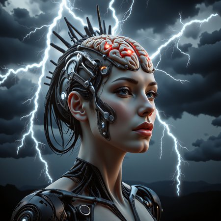 bailing_lightning, style of H. R. Giger. A woman with a cybernetic enhancement on her head mimicking a biopunk brain, surrounded by micro lightning bolts. a bionic body with an exoskeleton, dark and sleek, futuristic, sci-fi, dramatic sky with dark clouds and micro lightning bolts that strike her head, digital artwork, realistic and detailed, CGI, futuristic and intense, created using advanced software and techniques.  <lora:flux/Realism 2>, <lora:moxiePunk_v20> <lora:art and styles/FL-bailing-24-0824lightning-000003.safetensors:0.7>, bailing_lightning, <lora:scifi/dvr-transformers-flux.safetensors:1.0>,  <lora:artist/style of H. R. Giger FLUX 295-000006.safetensors:1.0>, style of H. R. Giger