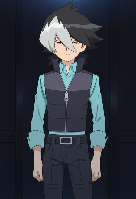 masterpiece,best quality,amazing quality, 
JinKaidou, 1boy, male focus, solo, red eyes, multicolored hair, black hair, grey hair, hair between eyes, shirt, blue shirt, collared shirt, vest, popped collar, zipper, zipper pull tab, belt, pants, black pants,