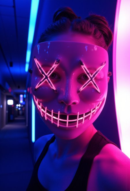 amateurish photo
**Style:**
*   **Cyberpunk/Neon Noir:** The image has a strong cyberpunk aesthetic, characterized by the neon lighting, futuristic mask, and urban background. It also has a hint of noir with its slightly mysterious and edgy feel.
*   **Digital Art/Illustration:** It looks like a digital creation, possibly using 3D rendering or digital painting techniques, which allows for the crisp lines and glowing effects.
**Technique:**
*   **Lighting:** The lighting is the star of the show! The use of neon pink and blue creates a vibrant and almost otherworldly glow. The light source appears to be coming from the mask itself and the background, creating a dramatic and atmospheric effect.
*   **Color Palette:** The color scheme is primarily cool, with blues and purples dominating the background, contrasted by the bright pink of the mask. This creates a striking visual contrast and adds to the cyberpunk feel.
*   **Layering:** The image seems to have layers of light and shadow, which adds depth and dimension. The way the neon light interacts with the mask and the figure's hair is particularly well-executed.
*   **Texture:** While the overall image is smooth, there are subtle textures at play, like the fabric of the tank top, the glossiness of the mask, and the bokeh-like effect in the background.
**Composition:**
*   **Rule of Thirds:** The figure is positioned slightly off-center, which creates a dynamic composition. The head and mask are roughly in the upper third of the image, drawing the viewer's eye.
*   **Close-Up/Portrait:** The image is a close-up portrait, focusing on the figure's upper body and face. This allows for a more intimate and engaging experience.
*   **Depth of Field:** The background is slightly blurred, which helps to focus the viewer's attention on the figure and mask. This creates a sense of depth and separation.
**Visual Elements:**
*   **The Mask:** The mask is the most striking visual element. Its glowing lines, X-shaped eyes, and stitched smile give it a menacing yet captivating appearance. The mask is also slightly transparent, allowing the figure's face to be partially visible.
<segment:head,0.6,0.5//cid=1> perfect mask