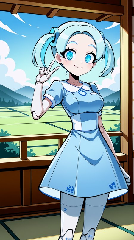 masterpiece, best quality, amazing quality, aesthetic,  absurdres, best quality, 4k, upscale, indoors, tatami, sky, landscape, Robo-Alice, 1girl, v, solo, android, joints, smile, robot joints, twintails, dress, blue eyes, looking at viewer, blue hair, standing, breasts, ringed eyes, closed mouth, blue dress, pose,  <lora:Robo-Alice_IL:0.8>