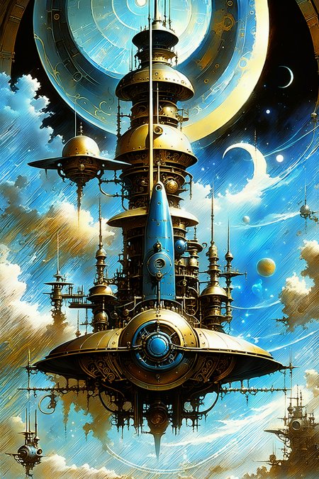fantastic futuristic steam punk made of shiny brass towers, floating_swirls_made_of_steam, steam, smoke, blue sky, silver moons, dramatic color palette, <lora:add-detail-xl:2> misc   <lora:DonMW15pXL:0.5> DonMW15pXL,  <lora:d\EnvyFantasticXL01:1> <lora:John Berkey Style:0.6> John Berkey Style page, (masterpiece:1.2), best quality, (hyperdetailed, highest detailed:1.2), high resolution textures, <lora:EnvyBetterHiresFixXL01:1>