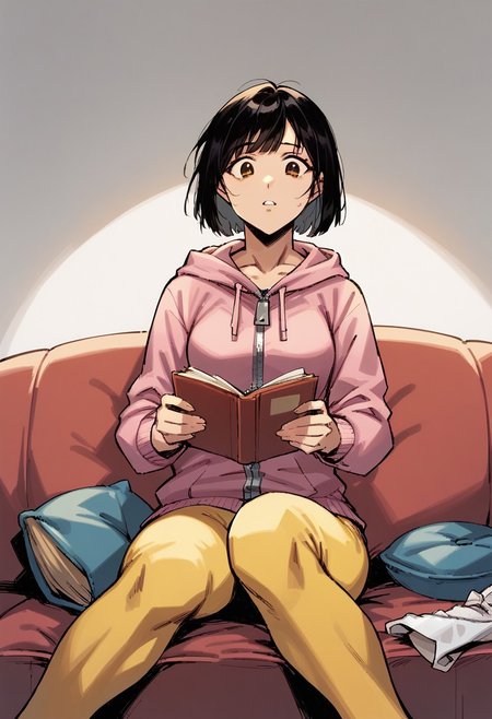 score_9, score_8_up, score_7_up, score_6_up, Sabr1nA, t0nym0r3, masterpiece, best quality, BREAK 1girl, solo, thin, open eyes, brown eyes, medium breasts, black hair, bob haircut, medium hair, ((short pink hoodie with hood and zipper)), novel, seamless yellow leggings, white sneakers BREAK sitting on the red sofa, reading book, living room, daylight