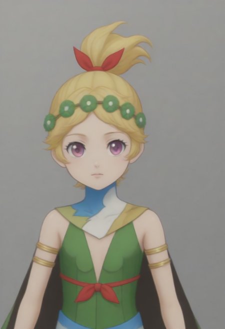 source_anime, anime screencap, source_anime, auratheguillotine, anime screencap, masterpiece, source_anime, shiny skin,,,,,, <lora:zs_DemeterXL:1> demetersmt, blonde hair, ponytail, head wreath, purple eyes, green dress, cleavage, cape, armlet, bracelet,