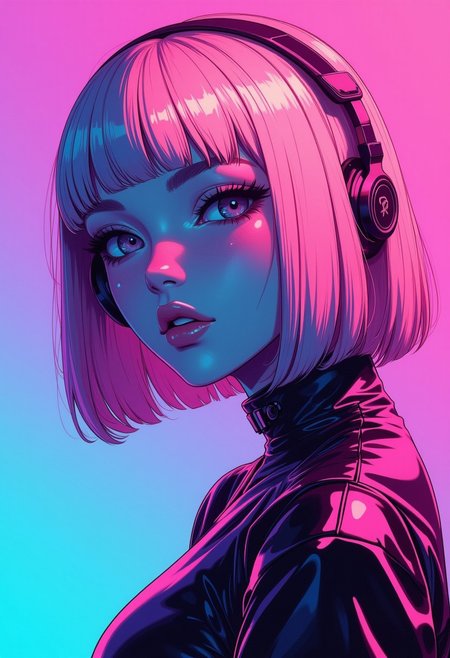 abstract photorealistic ink image in vivid, surreal colour gradient, closeup side portrait of oriental goth cyberpunk woman, straight-cut bob, bangs, headphones, bleached hair