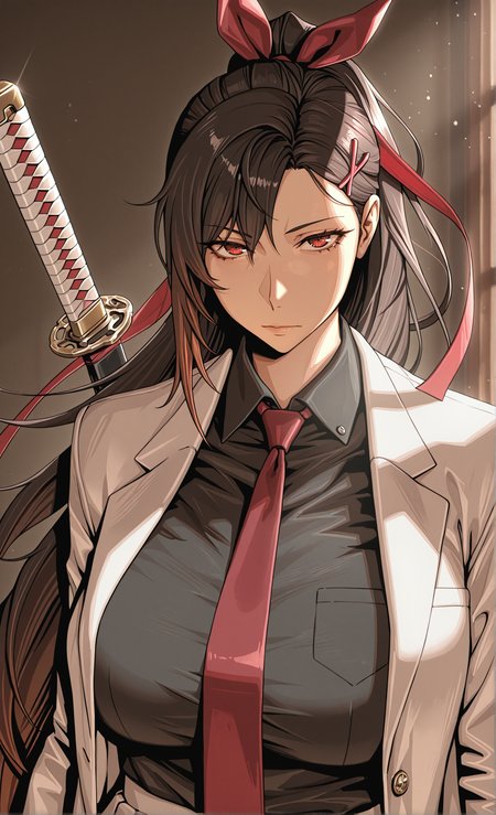 IllusP0s, Smooth Quality,
black hair, black pantyhose, black shirt, white blazer, open jacket, breasts, brown eyes, brown hair, collared shirt, hair ornament, hair ribbon, hayurizahardv3, 1girl, katana, long hair, looking at viewer, necktie, pleated skirt, ponytail, portrait, red eyes, red necktie, shirt, solo,
(watanabe wataru:0.75), ï»¿(art by rollballball:0.4), (lulu95402099:0.6),
<lora:HaYuriZahardV3:0.8>
<lora:watanabe_wataru:0.75>
<lora:_rollballball_NAIXL:0.4>
<lora:cfg_scale_boost:0.5>
<lora:lulu-e62_s930:0.66>