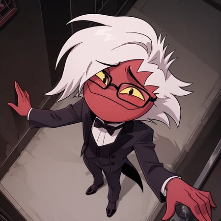 <lora:Intern-05:1> 1boy, solo, red skin, white hair, smile, male focus, masterpiece, high quality, full body, view from above, black tuxedo,glasses, <lora:add-detail-xl:1>   <lora:illustriousXL_stabilizer_v1.72:0.8>