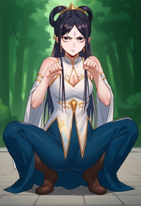 Jiangchuchu, Jiang dress, black hair, jewelry , score_9, score_7_up, source_anime, squatting, paw pose