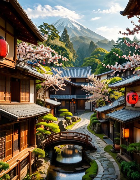A picturesque traditional Japanese village nestled in a serene valley, surrounded by lush green mountains under a soft morning mist. The village consists of wooden houses with thatched roofs (gassho-zukuri style), showcasing intricate wooden details and sliding paper doors. A narrow stone-paved path winds through the village, leading to a small red torii gate at the entrance of a Shinto shrine. Cherry blossoms in full bloom line the streets, their pink petals gently falling in the breeze. A tranquil river flows through the village, crossed by an old wooden bridge with moss-covered stones. Villagers in traditional kimonos and straw hats go about their daily livesâan elderly man sweeping his porch, a woman carrying a basket of fresh produce, and children playing near a koi pond. The atmosphere is peaceful and nostalgic, with warm sunlight filtering through the trees, casting dappled shadows on the ground. The scene is rich in traditional Japanese aesthetics, evoking a sense of harmony and timeless beauty.
<lora:SDXLFaeTastic2400:0.4> <lora:extremely_detailed:0.4> extremely detailed,<lora:traditional_Japanese_v1ll4g3:1>,traditional Japanese v1ll4g3, Masterpiece,best quality,hi res,8k,hi res,8k,award winning,(sharp focus, intricate, highly detailed),
