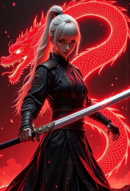 This is a highly detailed, digital illustration in a realistic fantasy style,
The image shows Lea a girl with fair, porcelain-like skin, long wavy platinum blonde hair styled in a high ponytail with bangs framing her face. She has a petite and slender figure, with small breast. Her nose is small and her eyes are red. She wears black training attire, in a traditional Chinese or Japanese style, made of a traditional fabric. She holds a samurai sword with a dragon engraving on it in her hand. The engraving is glowing red. As she swings it the sword partialy transforms into a chinese dragon made of pulsating red energy. She stands in a battlepose as she swings the sword down on her enemies.
masterpiece, 32k,  realistic,