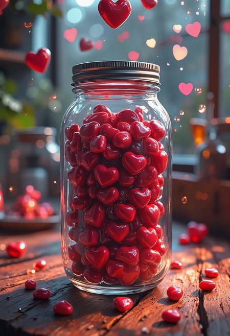bo-neon, bo-abyss, bo-romance, a highly detailed, digital artwork depicting a glass jar filled with red heart-shaped candies, the jar is made of clear glass with a metal lid, and the candies are small and round, with a glossy, almost glossy texture, they are arranged in a random, overlapping manner, some overlapping each other, creating a sense of depth and dimension, the jars are placed on a wooden surface, which appears to be a rustic, dark brown color, possibly a table or countertop, the background is blurred, with out-of-focus, greenish-blue hues, suggesting an outdoor setting with natural light filtering through a window, the overall mood of the artwork is romantic and whimsical, with the red candies adding a pop of color and contrast to the neutral tones of the background, the texture of the jar and candies is smooth and reflective, enhancing the realism of the scene, the lighting is soft and diffused, casting gentle shadows that enhance the depth and depth of the image<lora:boFLUX Abyss Neon.safetensors:0.7000000000000001:0.7000000000000001> <lora:Flux\boFLUX digital-abyss.safetensors:0.6:0.6> <lora:boFLUX Romance Abyss.safetensors:1.0:1.0>