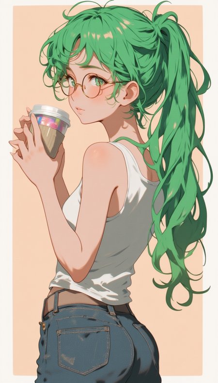 Young woman, back,wavy hair, cup, glasses, green hair, long hair, looking at viewer, mug, ponytail,solo, tank top, upper body,lyh_niji
