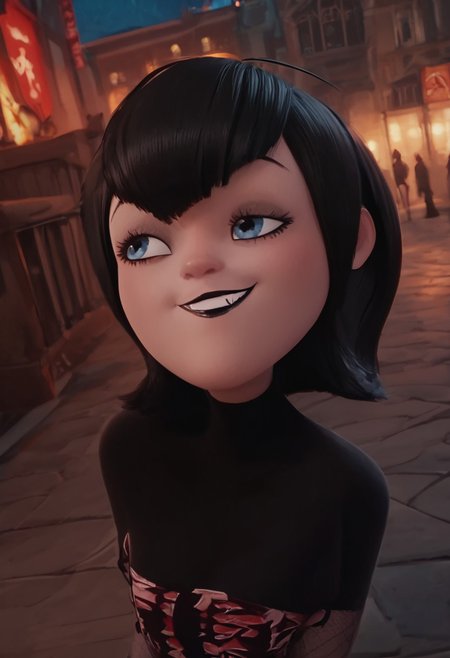 score_9, score_8_up, score_7_up, ultra quality, solo, 1girl, black hair, short hair, blue eyes, fangs, black lips, black nails, , black dress, grey elbow gloves, striped pantyhose, red sneakers, smug smile, butt focus, breasts, big hips, huge butt, bubble butt, curvy, narrow waist, standing, looking to the viewer, view from above, close up, screencap