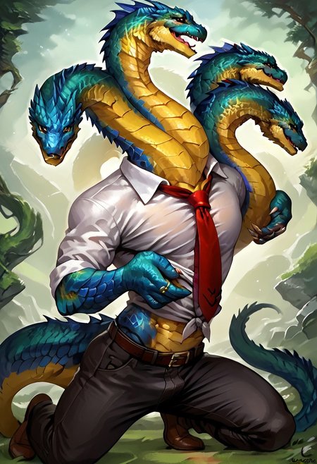 score_9, score_8_up, score_7_up, ((source_anime)), solo, 1boy, 1male, sexy boy, (((Hydra, multiple heads, long neck))), (((blue scales, yellow scales, green scales))), (((white shirt, red necktie, collared shirt))), black tights, black trousers, belt, human torso, black eyeshadow, eye contact, human hands, holding up both hands, headpats, ((arched back)), undressing, pants pull, spread legs, fingers, wedding ring, portrait, close up, full body portrait, looking at viewer