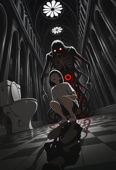 (incredibly_absurdres, amazing_background, best quality, shadow, reflection, dflat_colors, anime_coloring, dynamic_angle, motion_blur, dutch_angle, surreal, flat_shading, limited_palette, line_art, high_contrast, traditional_media, dark_theme)
(dappermouth, comic, sketch, monochrome, sweat, saliva, 1girl, lips, (gothic_architecture, toilet, ornate floor, bathroom), eldritch_abomination, shirt, bone, solo, short sleeves, squatting, t-shirt, dark (cramped, liminal, spoopy), dark_theme, white_eyes spine tentacles wide-eyed glowing_eyes horror_(theme))