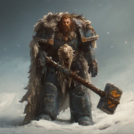 Space wolf warrior with beard is in winter landscape, he is a werewolf space marine,  he as heavy scars, he has his huge runic hammer in his hands, portrait style, viking, norse, beard, clad in ripped furs and pieces of old worn space wolf armor, his hammer is buried into a giant dead enemy demon, boss demon is defeated, Black over black, top light, masterful painting in the style of Anders Zorn | Marco Mazzoni | Yuri Ivanovich, Todd McFarlane, oil on canvas
<lora:add-detail-xl:1> <lora:MJ52:0.5>