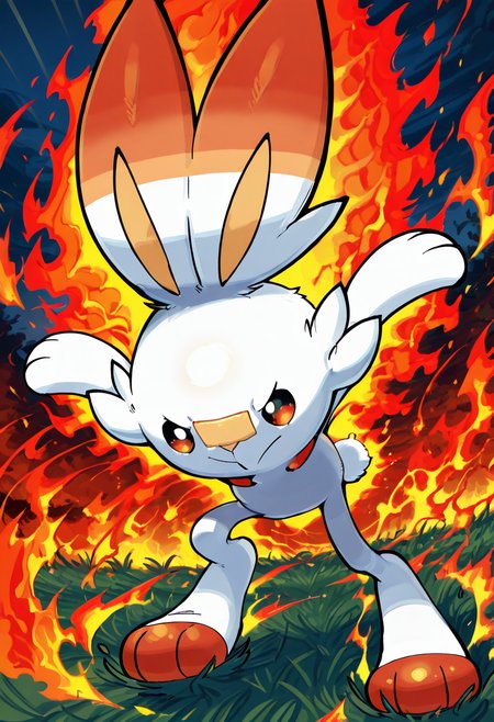 masterpiece, best quality, no humans,   zzScorbunny, red eyes, white fur, orange ears, energetic pose, fiery trail, grassy field, bright sunlight, low angle, motion blur, flame aura â Scorbunny rockets across the open plains, leaving a scorched trail of fire behind him. His red eyes shine with fierce determination, ears flaring back as he bounds forward mid-leap. The heat from his speed ripples through the air, warping the golden sunlight that lights the grassy field around him in a blur of greens and orange flames.  ,<lora:ScorbunnyPokedex_IXL:1.0>,