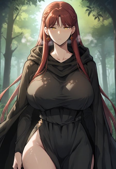 score_9, score_8_up, score_7_up, score_6_up, source_anime, rating_explicit, 1girl, solo, huge breasts, <lora:Leah Testerossa prefectPonyxl:0.9> long hair, red hair, yellow eyes, brown hair, french braid, earrings, hooded cloak, black cloak, black dress, expressionless, Narrow shoulders, heavy breathing, steaming body, forest, outdoors, looking at viewer