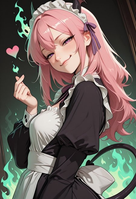 masterpiece, high_quality, highres, gradient, cinematic lighting, artist:moriimee,8k,
looking_at_viewer, [smirking], finger_heart gesture, devils tail, ribbons in hair, 
[Green_background], green fire, fire_background, dutch angle, side view, closeup, below view