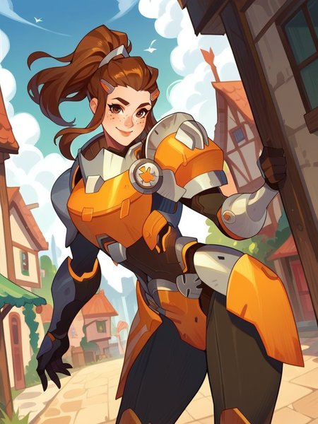 score_9, score_8_up, score_7_up, 1girl, dynamic pose, cowboy shot, looking at viewer, sexy pose, sexually suggestive, light smile, dutch angle, town, sky, leaning forward,
 <lora:ABriggite_character:0.8>, BriggiteXL, brown eyes, brown hair, ponytail, hair pulled back, freckles, hairclip, sidelocks,, power armor, armor, breastplate,,  <lora:afkArenaStylePony:0.8> afkArenaStyle,