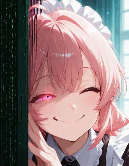 masterpiece, best quality, anime screencap,<lora:CivChan:1> civchan, 1girl, solo,  smile
BREAK;
<lora:Matrix_Style:1> om0atrix0, glitch, pink theme, wide eye, glowing eye, messy hair, twisted smile, teeth clenched, hand on screen,
BREAK;
sweet smile, loving, happy,