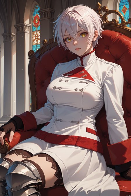 score_9, score_8_up, score_7_up, score_6_up, source_anime, 1girl, solo,   <lora:vanitasjeanne-pdxl-nvwls-v1-000006:1> vntasJne, white hair, yellow eyes, short hair, white uniform, long sleeves, fingerless gloves, white skirt, armored boots, big breasts, sitting, mansion, red chair, looking at you