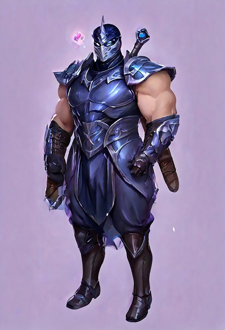 score_9, score_8_up, score_7_up, score_6_up, score_5_up, score_4_up, source_anime,  Shen, solo, looking at viewer, blue eyes, simple background, gloves, 1boy, holding, full body, weapon, male focus, horns, black gloves, sword, holding weapon, armor, bodysuit, mask, glowing, holding sword, helmet, shoulder armor, gauntlets, glowing eyes, single horn, purple background, breastplate, black bodysuit, white eyes, knight, full armor, black armor, tokusatsu, broad shoulders, muscular, huge pecs, huge traps, big bulge, huge thighs, <3