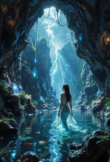 in the style of ck-ovf, A secluded cave filled with glowing crystals and a shimmering pool of water, where the mermaid oracle resides. The water reflects soft blue and green light onto the cave walls, casting an eerie, mystical glow. The mermaid oracle floats gracefully in the pool, surrounded by fish and wisps of magical light, as she speaks in ancient whispers.<lora:ck-OneViolentFantasy-000021.safetensors:0.6:0.6>