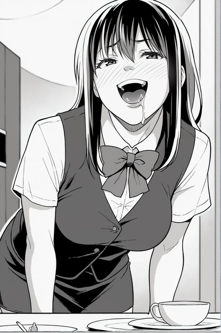 score_9, score_8_up, score_7_up, monochrome, manga_source, best background, detailed background, manga, greyscale   Keiko, bow, bowtie, cup, pencil skirt, plate, shirt, skirt, upskirt, vest, bent over, smug, blush, naughty face, open mouth, saliva,  <lora:JN_Keiko:0.8>