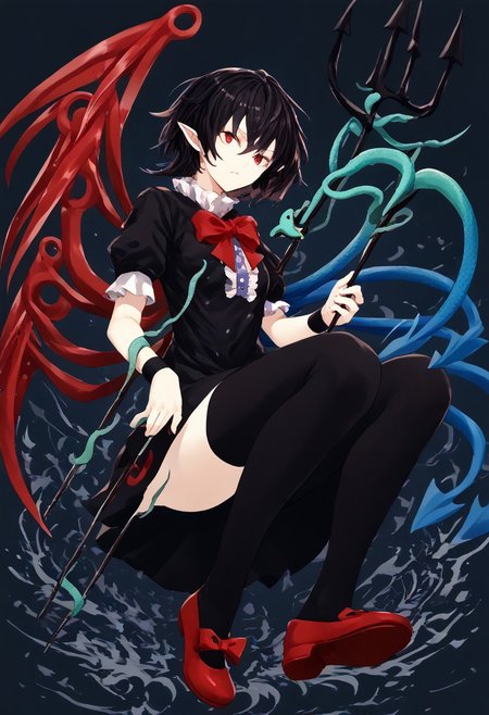 score_9, score_8_up, score_7_up, score_6_up, score_5_up, score_4_up, source_anime, solo, 1girl, 
houjuu_nue,red_eyes,black_hair,short_hair,asymmetrical_wings,red_wings,blue_wings,pointy_ears,black_dress,short_dress,short_sleeves,frilled_dress,tomoe_\(symbol\),center_frills,buttons,red_bowtie,black_thighhighs,mary_janes,red_footwear,footwear_bow,red_bow,zettai_ryouiki,wristband,trident,snake, 
masterpiece, best quality, very aesthetic, absurdres,