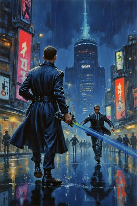 jober1 illustration.
sydme1 painting A dramatic and intense scene depicting a blade runner standing resolutely on a rain-slick urban street, illuminated by the glow of neon lights from towering buildings. The blade runner, clad in a long, dark trench coat that billows slightly in the wind, holds a high-tech firearm in a steady grip, discharging a vivid, blue-tinged energy blast. In the distance, a man is captured mid-sprint, his silhouette framed by the light of the weapon's energy bolt as it streaks toward him. The fleeing figure's posture is desperate, his coat trailing behind him as he tries to escape. The ground is wet, reflecting the vibrant colors of the cityscape, with scattered debris adding to the gritty, dystopian atmosphere. The sky above is dark and foreboding, with rain falling heavily, while holographic advertisements and the glow of a towering megastructure loom in the background, encapsulating the cyberpunk aesthetic of a high-stakes chase in a futuristic metropolis.   
 <lora:jober1_cap_d6a3e12:1.0><lora:819124566564685133:0>