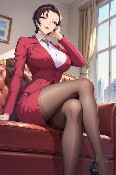 score_9,score_8_up,score_7_up,from below,
1girl,mature female,milf,sitting,sitting on couch,crossed legs,full body,inside,city,looking at viewer,head rest,evil smile,seductive smile,expected eyes,from front,huge breasts,narrow waist,wide hips,suit,business suit,pantyhose,
Best quality,masterpiece,soft light,official art,masterpiece,high quality,highres,absurdres,epic scene,natural textures,highest quality,8K,Ultra-HD,ultra detail,epic scene,natural textures,<lora:Suzuki Tomoko Pony:1>,red lips,makeup,eyeshadow,jewelry,short hair,