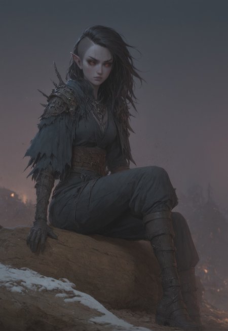 safe_pos, (absurdres, best quality, masterpiece:1.4), score_9, score_8_up, score_7_up, score_6_up, detailed, detailed body, detailed face, fantasy, <lora:add-detail-xl:1.5>, 

fFaceDetail, SkinDetail, alone, (female, ashen grey skin, medium breasts, (red sclera eye, red sclera eye style, red eyes, no pupils, no sclera), thin black eyebrows, pointy ears, long ears, (black hair, sidecut hair), athletic build, slim, pointed chin, gaunt cheeks), neutral look,

(torn dark blue robe, leather gloves, leather shoulder pads, leather boots, leather trousers),

outdoors, village, snow, sitting on log, trees