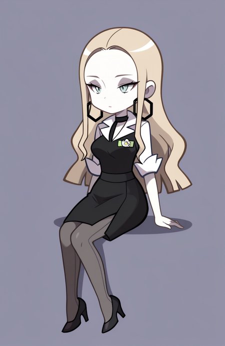 1girl, solo, 
oleana \(pokemon\), pale skin, blonde hair,, office hostess uniform, frilled blouse, a-line skirt, pantyhose, heels, name tag,
sitting, leaning back, quiet thoughtfulness, focused expression, contemplative vibe, <lora:ShantaeChibi:1> shntchibi, chibi, extremely detailed, highres, masterpiece, best quality